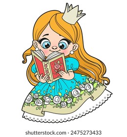 Cute cartoon long haired princess girl read a book color variation on white background. Image produced without the use of any form of AI software at any stage