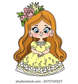 Cute cartoon long haired princess girl in ball dress with flower in hair color variation on white background. Image produced without the use of any form of AI software at any stage.