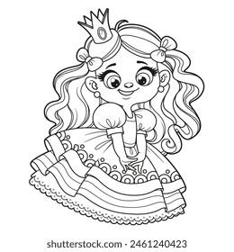 Cute cartoon longhaired coquettish girl in a princess dress outlined for coloring page on white background. Image produced without the use of any form of AI software at any stage.