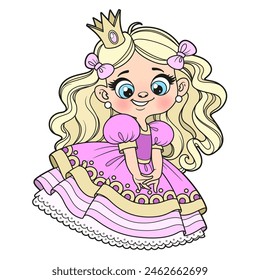 Linda niña coqueta de pelo largo de dibujos animados en un vestido de princesa rosa variación de color sobre fondo blanco . Imagen producida sin el uso de ningún tipo de software de IA en ninguna etapa.