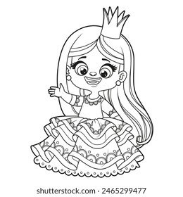 Cute cartoon longhaired coquettish princess girl outlined for coloring page on white background. Image produced without the use of any form of AI software at any stage