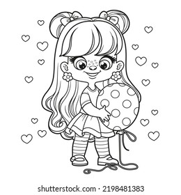 Cute cartoon longhaired girl with a big polka dot balloon in hands outlined for coloring page on white background