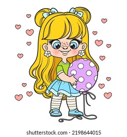 Cute cartoon longhaired girl with a big polka dot balloon in hands color variation for coloring page on white background