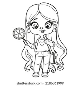 Cute cartoon longhaired girl with candy in hand coloring page on a white background