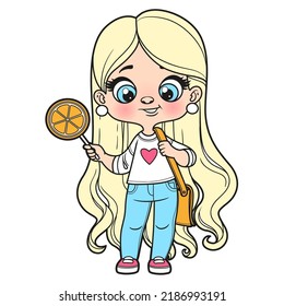 Cute cartoon longhaired girl with candy in hand olor variation for coloring page on a white background