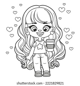 Cute cartoon longhaired girl with cup of hot coffee in hand coloring page on a white background