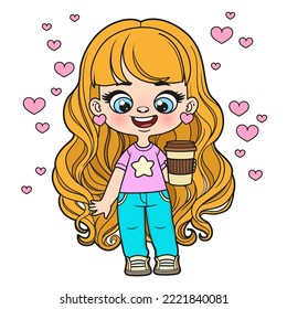 Cute cartoon longhaired girl with cup of hot coffee in hand color variation for coloring page on a white background