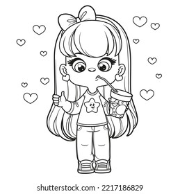 Cute cartoon longhaired girl drinks a juice through straw from paper cup coloring page on a white background