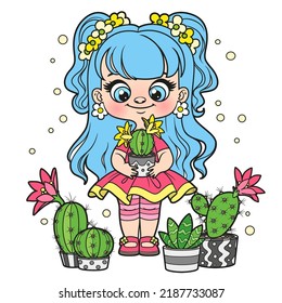 Cute cartoon longhaired girl with favorite cactuses color variation for coloring page on a white background
