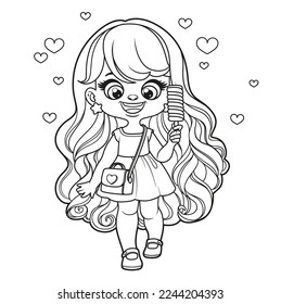 Cute cartoon longhaired girl with fruit ice in hand coloring page on a white background