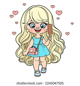 Cute cartoon longhaired girl with fruit ice in hand color variation for coloring page on a white background