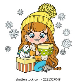 Cute cartoon longhaired girl with gift in hand color variation for coloring page on white background