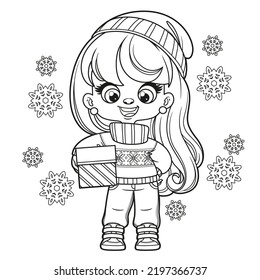 Cute cartoon longhaired girl in hat and sweater with a gift in hand coloring page on white background