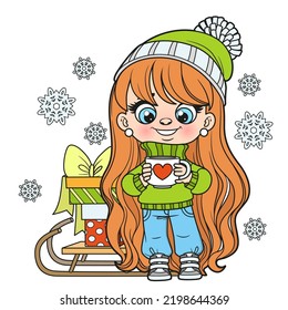 Cute cartoon longhaired girl in hat and sweater with a gifts on sled and cup in hands color variation for coloring page on white background