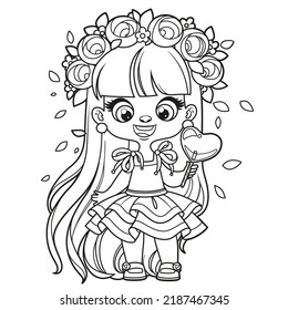 Cute cartoon longhaired girl with heart shape candy in hand coloring page on a white background