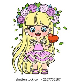 Cute cartoon longhaired girl with heart shape candy in hand color variation for coloring page on a white background