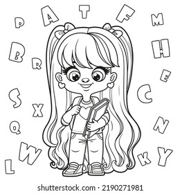 Cute cartoon longhaired girl holding textbook and school backpack coloring page on a white background