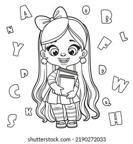 Cute cartoon longhaired girl holding textbooks outlined for coloring page on a white background