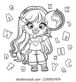 Cute cartoon longhaired girl holding the globe outlined for coloring page on a white background