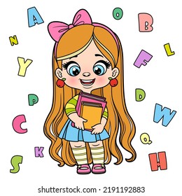 Cute cartoon longhaired girl holding textbooks color variation for coloring page on a white background