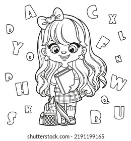 Cute cartoon longhaired girl holding textbook and backpack outlined for coloring page on a white background