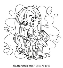 Cute cartoon long-haired girl holding a sketchbook and wooden articulated doll outlined for coloring page on white background