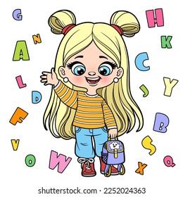 Cute cartoon longhaired girl holding backpack color variation for coloring page on a white background