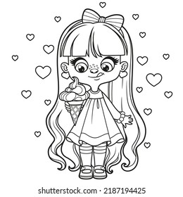 Cute cartoon longhaired girl with ice cream in hand coloring page on a white background