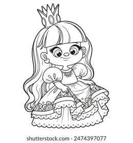 Cute cartoon longhaired girl in a lush princess dress outlined for coloring page on white background. Image produced without the use of any form of AI software at any stage.