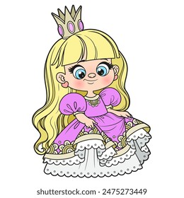 Cute cartoon longhaired girl in a lush princess dress color variation on white background. Image produced without the use of any form of AI software at any stage.