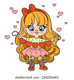 Cute cartoon longhaired girl with paper heart garland coloring page on a white background