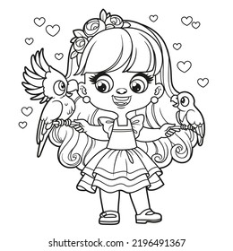 Cute cartoon longhaired girl with parrots coloring page on a white background