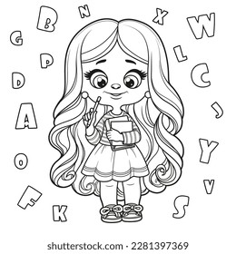 Cute cartoon longhaired girl with pencil and holding textbooks outlined for coloring page on a white background
