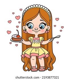 Cute cartoon longhaired girl with a piece of cake on platter and spoon is preparing to enjoy color variation for coloring page on white background