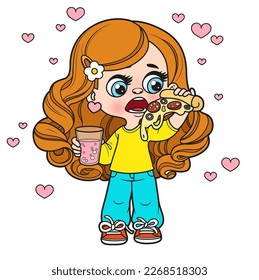 Cuta caricatura niña de cabello largo con pizza y bebida en un vaso en las manos variación color para página de color sobre un fondo blanco