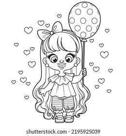 Cute cartoon longhaired girl with a polka dot balloon in hand coloring page on a white background