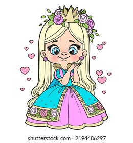 Cute cartoon longhaired girl in a princess dress outlined for coloring page on white background.jpg