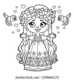 Cute cartoon longhaired girl princess with a birds dress outlined for coloring page on white background