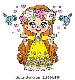 Cute cartoon longhaired girl princess with a birds dress color variation for coloring page on white background