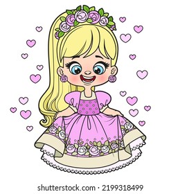 Cute cartoon longhaired girl princess in a dress with a bouffant skirt color variation for coloring page on white background