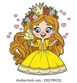 Cute cartoon longhaired girl princess withice cream and cherry color variation for coloring page on white background