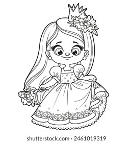 Cute cartoon longhaired girl in a princess dress with big flower in hand outlined for coloring page on white background. Image produced without the use of any form of AI software at any stage.