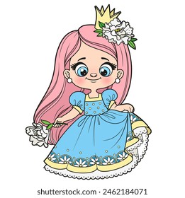 Cute cartoon longhaired girl in a princess dress with big flower in hand color variation on white background . Image produced without the use of any form of AI software at any stage.