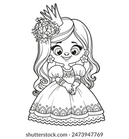 Cute cartoon longhaired girl in a princess dress with big flower in hair outlined for coloring page on white background. Image produced without the use of any form of AI software at any stage.