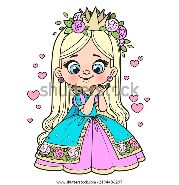 Cute cartoon longhaired girl\
in a princess dress outlined for coloring page on white\
background.jpg
