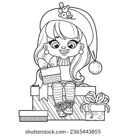 Cuta caricatura niña de cabello largo con sombrero de santa puesta en una caja grande con regalo delineado para página de color sobre fondo blanco