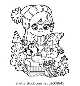 Cute cartoon longhaired girl sit on a big box with soft toys in hands outlined for coloring page on white background. Image produced without the use of any form of AI software at any stage.