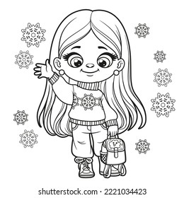 Cute cartoon longhaired girl in sweater with a backpack in hand coloring page on white background