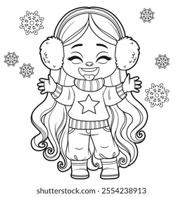 Cute cartoon longhaired girl in warm sweater catches snowflakes with tongue outlined for coloring page on white background. Image produced without the use of any form of AI software at any stage.