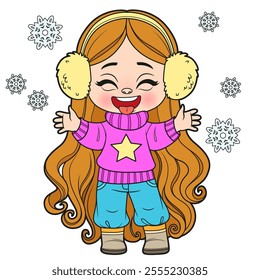 Cute cartoon longhaired girl in warm sweater catches snowflakes with tongue on white background. Image produced without the use of any form of AI software at any stage.